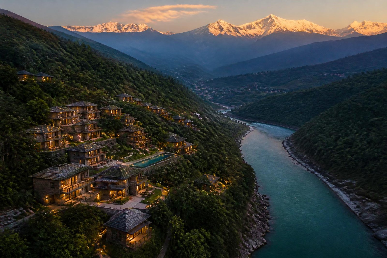 Aerial view of Willow Estates luxury hilltop township amidst Himalayan mountains with a river flowing through the valley near Rishikesh