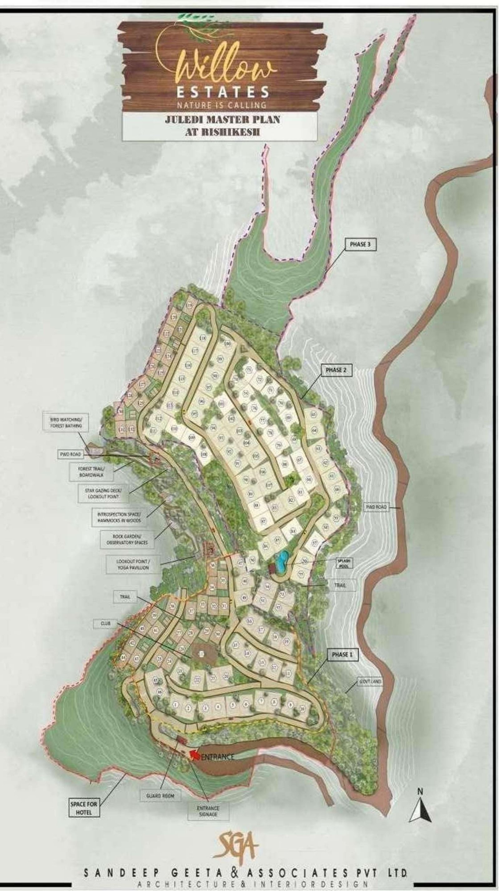 Official architect master plan of Willow Estates Rishikesh showing 132 plots / villas across three phases with clubhouse, splash pool, forest trails and viewpoints