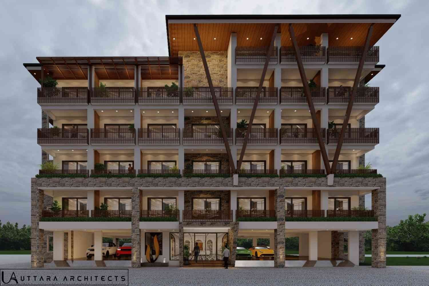 Studio apartment facade at dusk