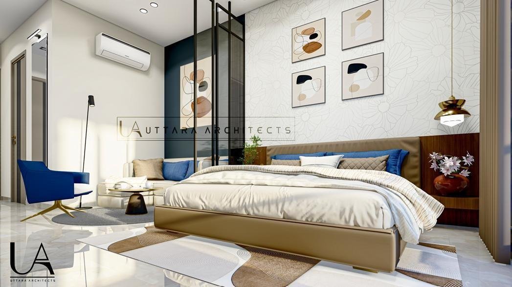 Studio apartment interior with wardrobe and TV