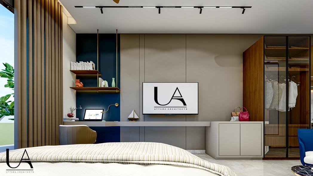 Studio apartment interior workspace with wall-mounted TV
