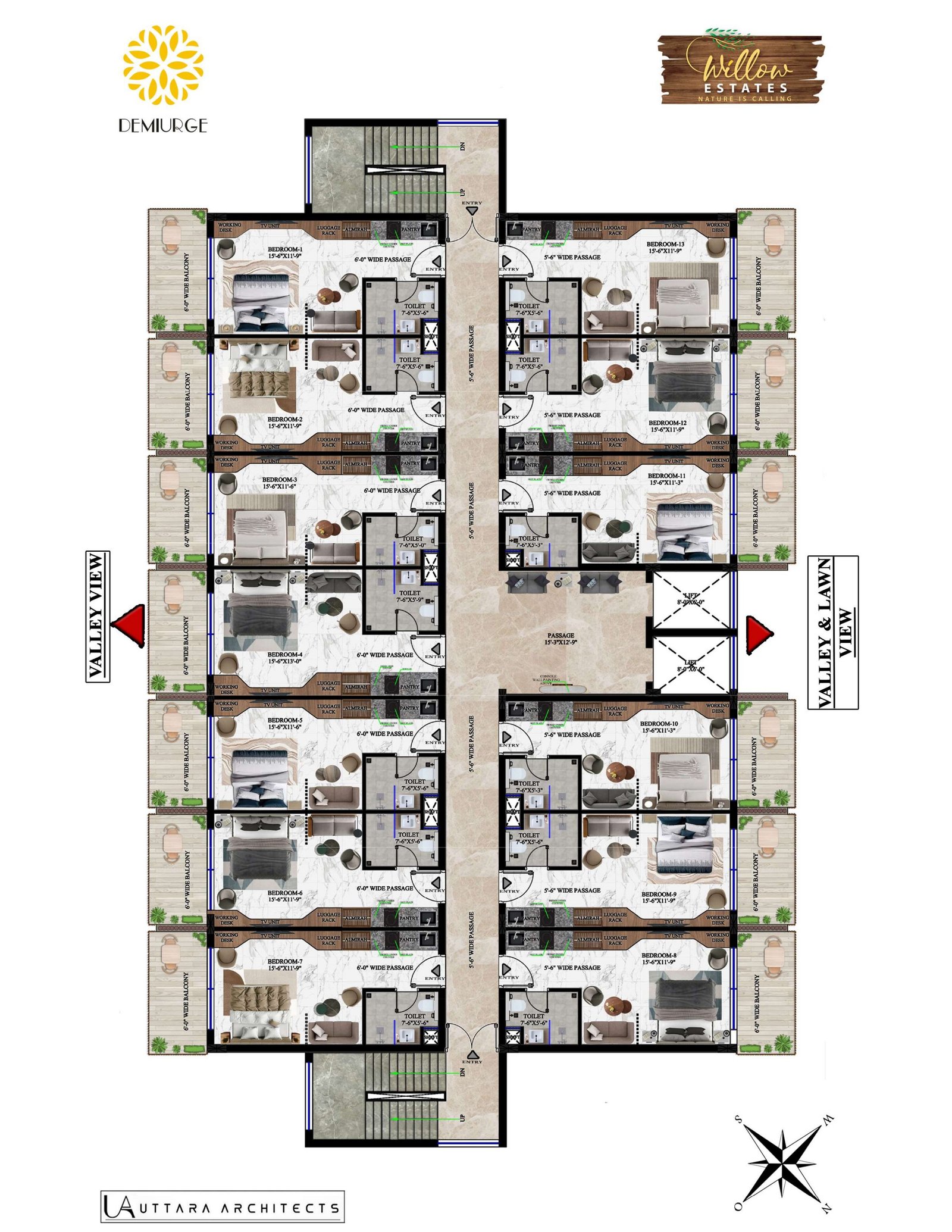 Official typical floor plan render showing 13 studio apartments per floor with 6' wide balconies, central passage, dual lifts and staircases — Uttara Architects